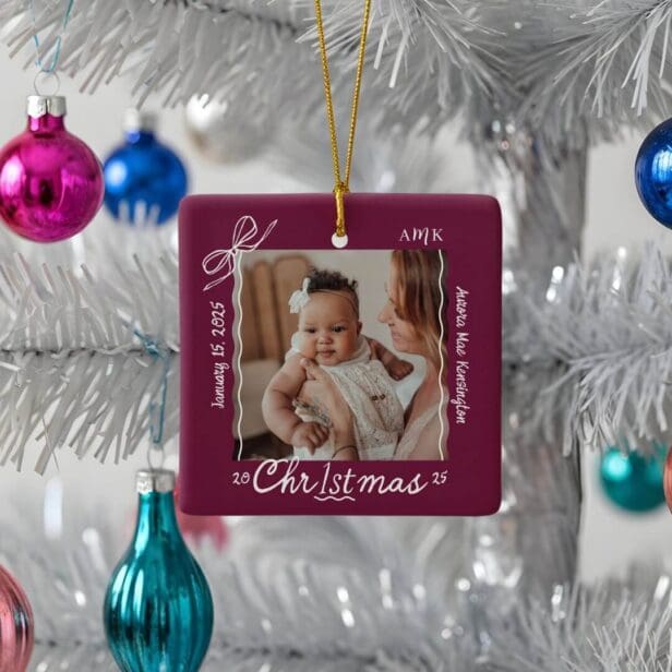 Baby 1st Christmas Minimal Hand Drawn Scribble Bow Burgundy Ceramic Ornament