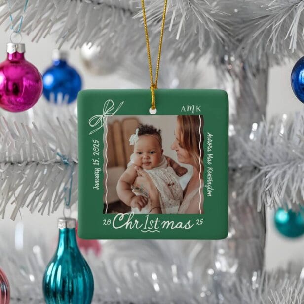 Baby 1st Christmas Minimal Hand Drawn Scribble Bow Ceramic Ornament