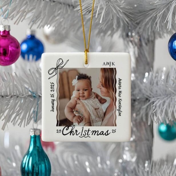 Baby 1st Christmas Minimal Hand Drawn Scribble Bow White Ceramic Ornament