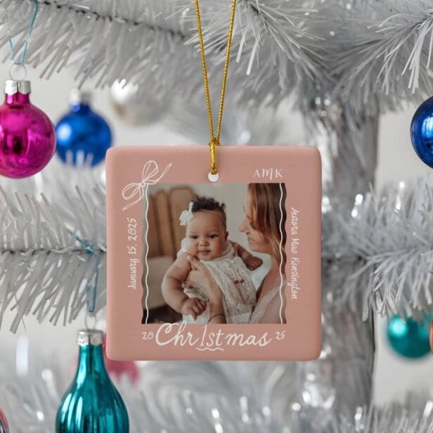 Baby 1st Christmas Minimal Hand Drawn Scribble Bow Pink Ceramic Ornament