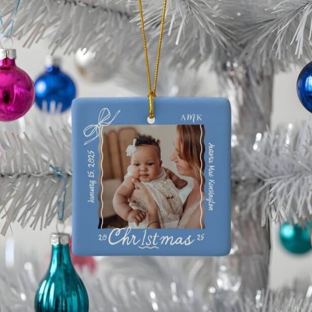 Baby 1st Christmas Minimal Hand Drawn Scribble Bow Blue Ceramic Ornament