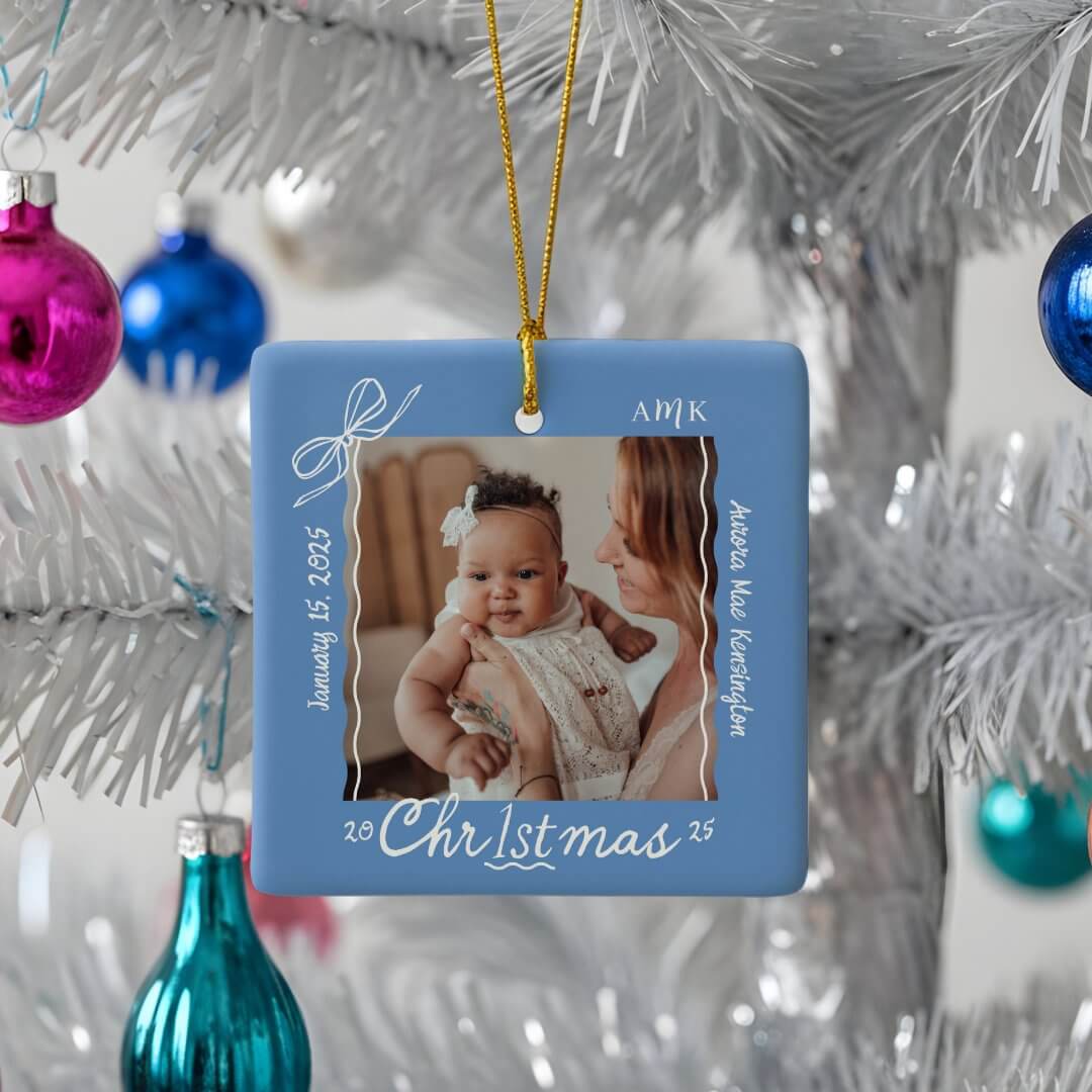 Baby 1st Christmas Minimal Hand Drawn Scribble Bow Blue Ceramic Ornament