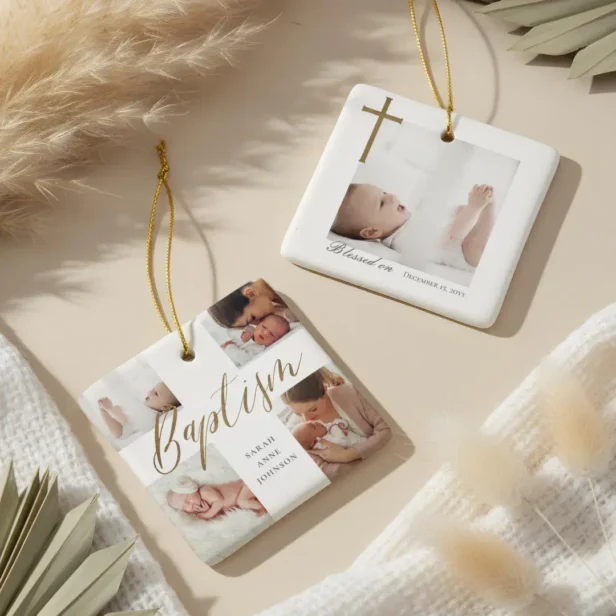 Baptism Calligraphy Photo Collage Baby Keepsake Ceramic Ornament
