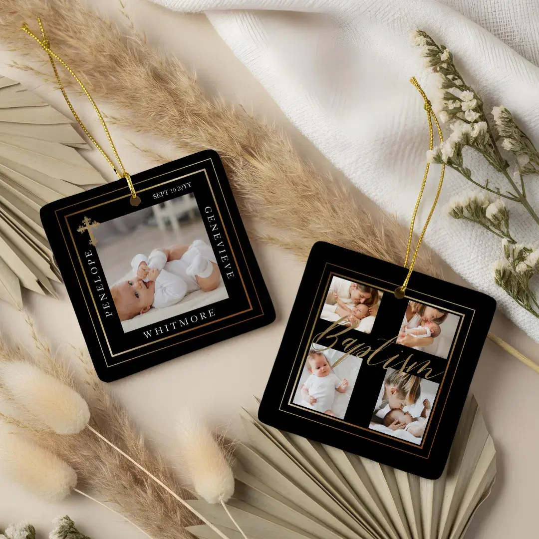 Baptism Calligraphy Photo Collage Black & Gold Ceramic Ornament