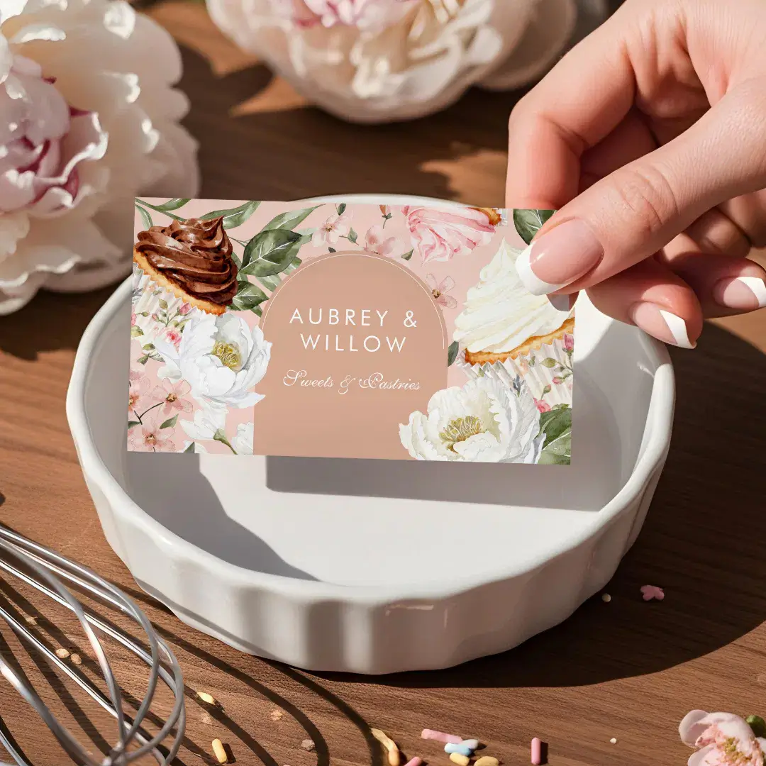 Boho Elegant Watercolor Floral Cupcake Bakery Business Card