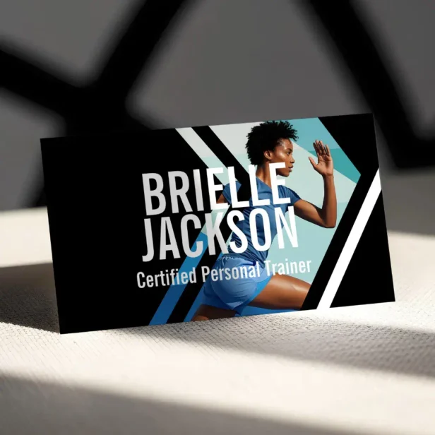 Bold Geometrical Photo Personal Trainer Fitness Black Business Card