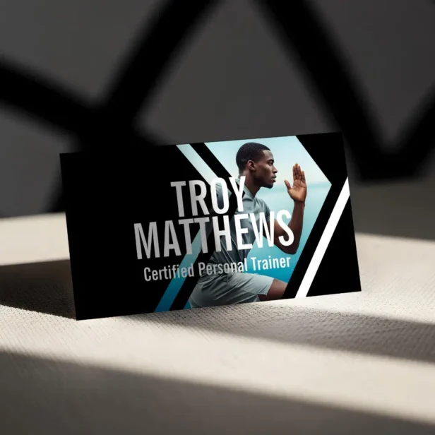 Bold Geometrical Photo Personal Trainer Fitness Black Business Card