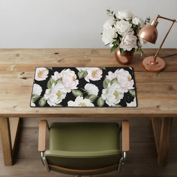 Bold White & Pink Peony Floral Pattern Monogram Desk Mat