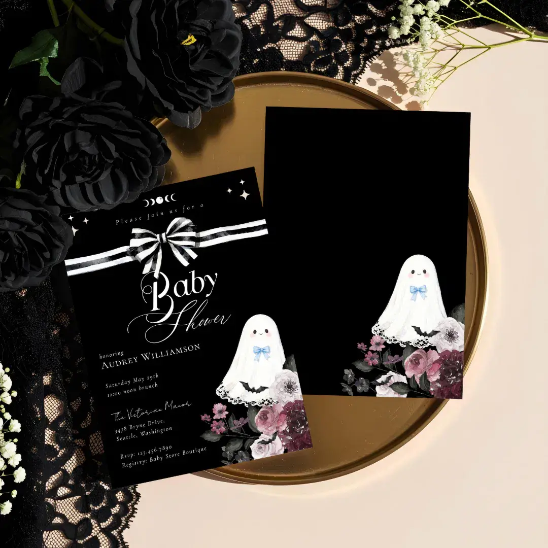 Boy Ghost Little Boo Floral Gothic Baby Shower Invitation