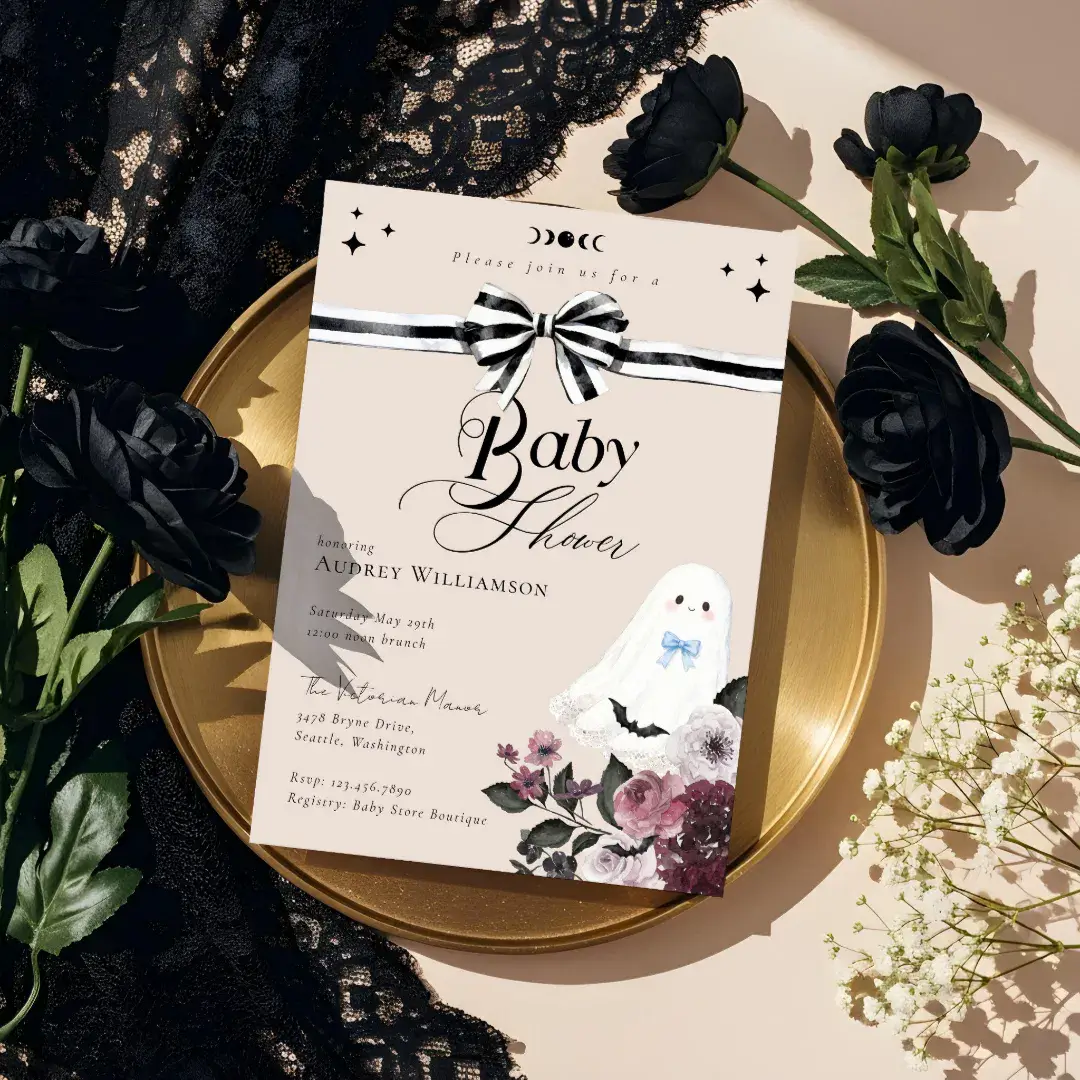 Boy Ghost Little Boo Floral Gothic Baby Shower Invitation