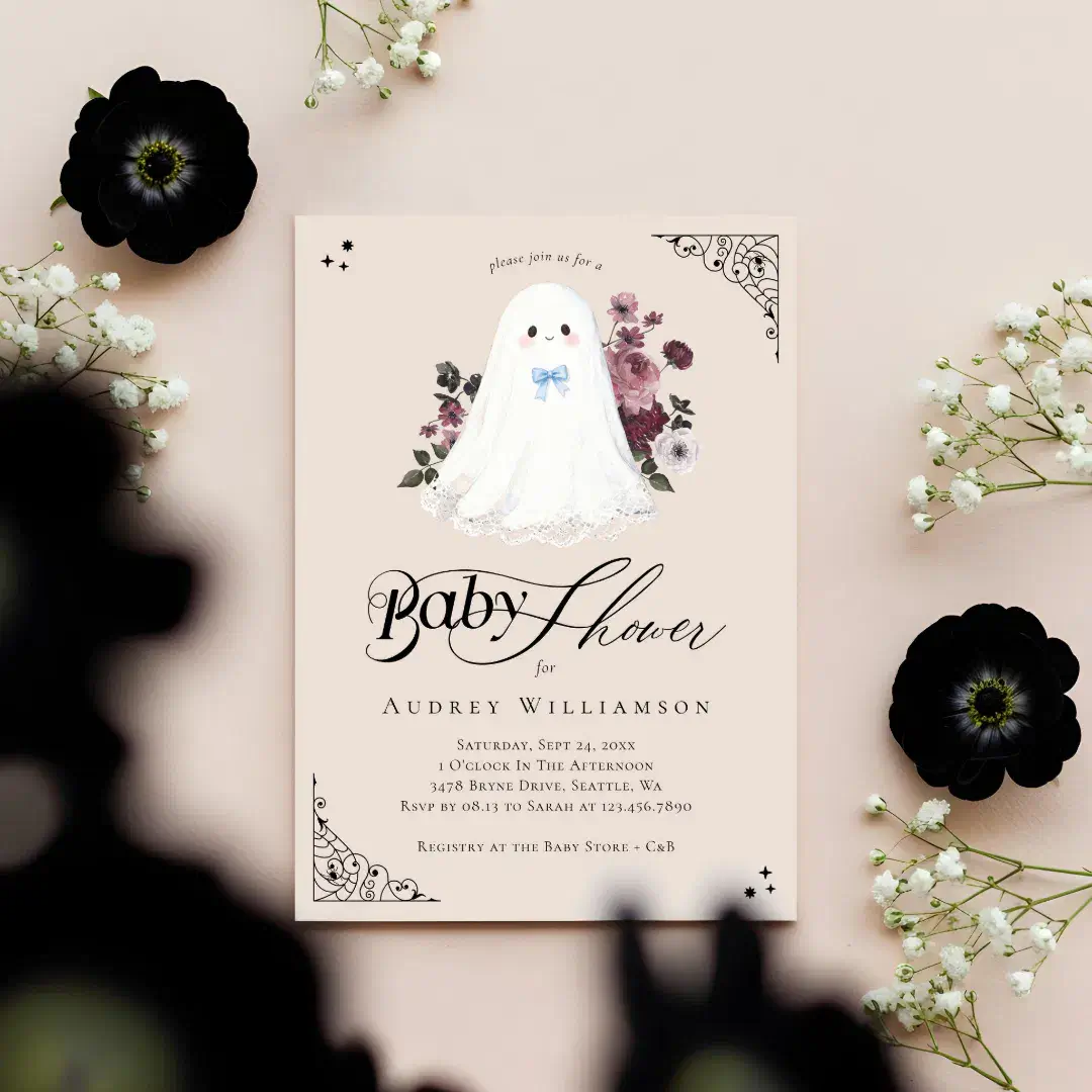 Boy Ghost Little Boo Floral Gothic Baby Shower Invitation