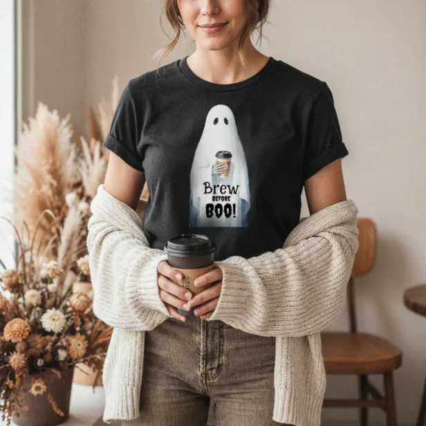 Brew Before Boo Spooky Ghost Coffee Cup Halloween Tri-Blend Shirt