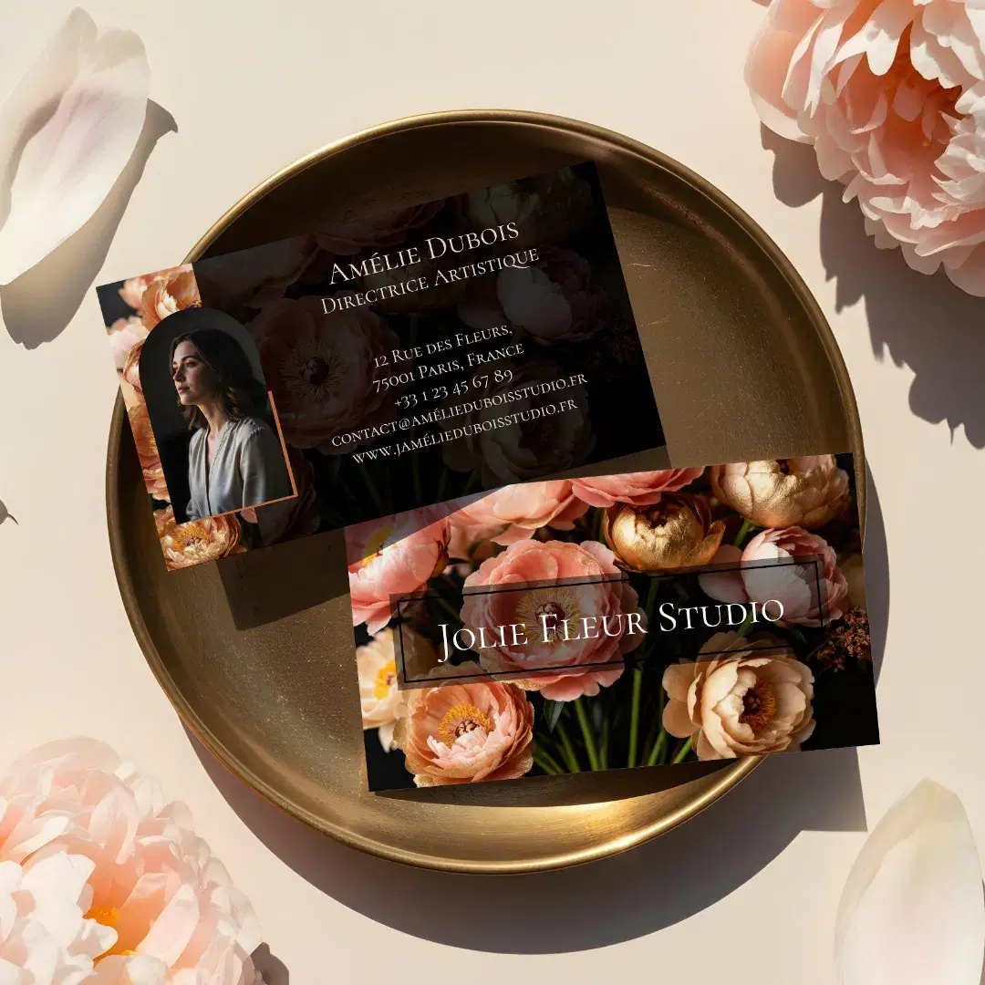 Chic Moody Elegant Peony Luxury Feminine Photo Business Card