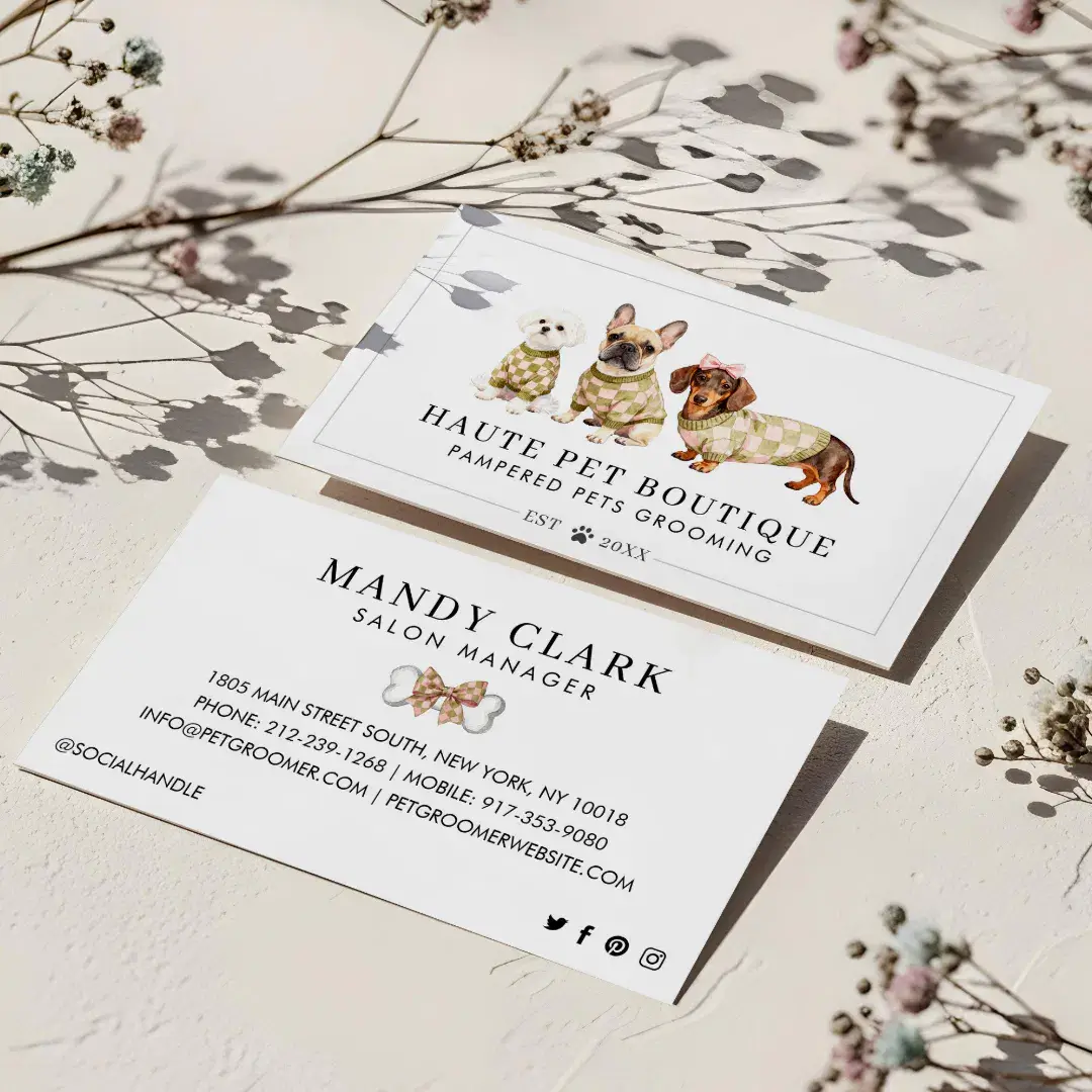 Chic Watercolor Dog Breeds Checkered Pet Groomer Business Card