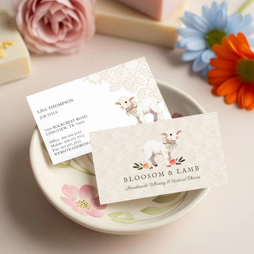Curte Vintage Watercolor Floral Lamb Handmade Business Card
