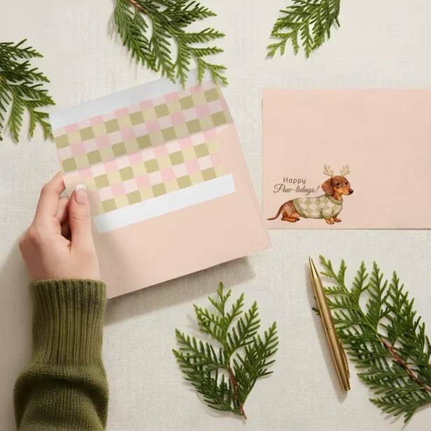 Cute Dachshund Dog Christmas Checkered Sweater Pink Envelope
