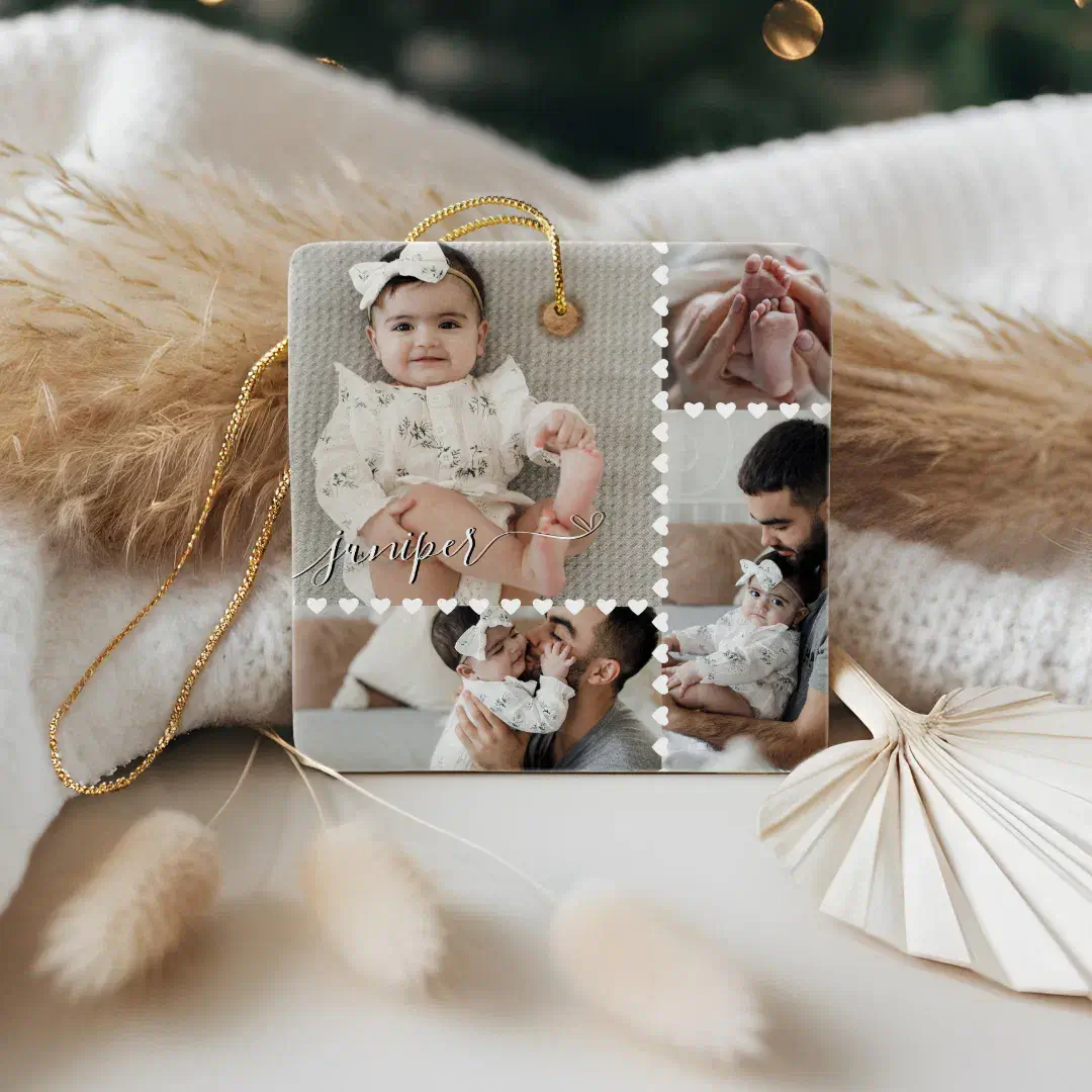 Cute Minimal Heart Baby Photo Collage Script Name Ceramic Ornament