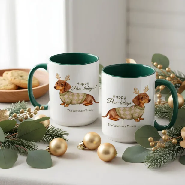 Dachshund Dog Antlers Christmas Checkered Sweater Mug