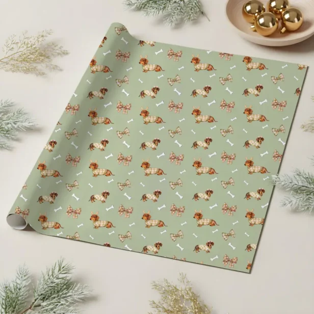 Dachshund Dog Christmas Checkerboard Sweater Bow Green Wrapping Paper