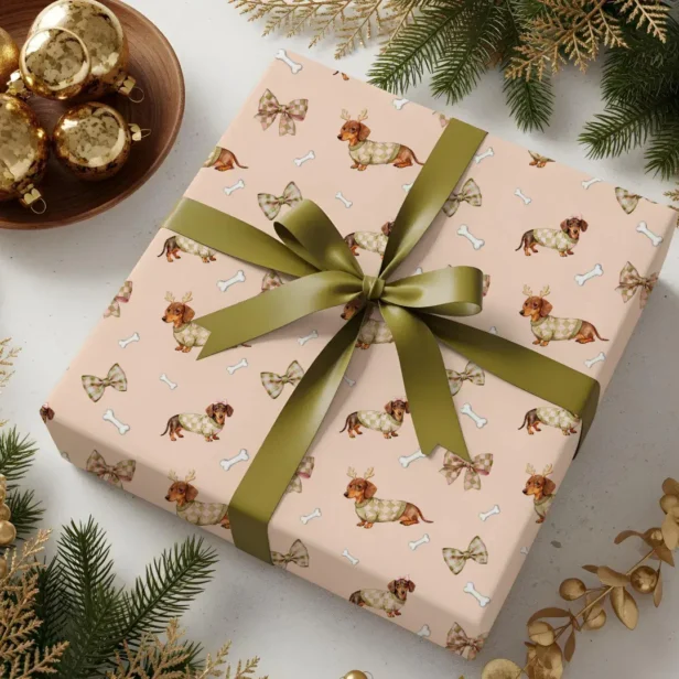 Dachshund Dog Christmas Checkerboard Sweater Bow Pink Wrapping Paper