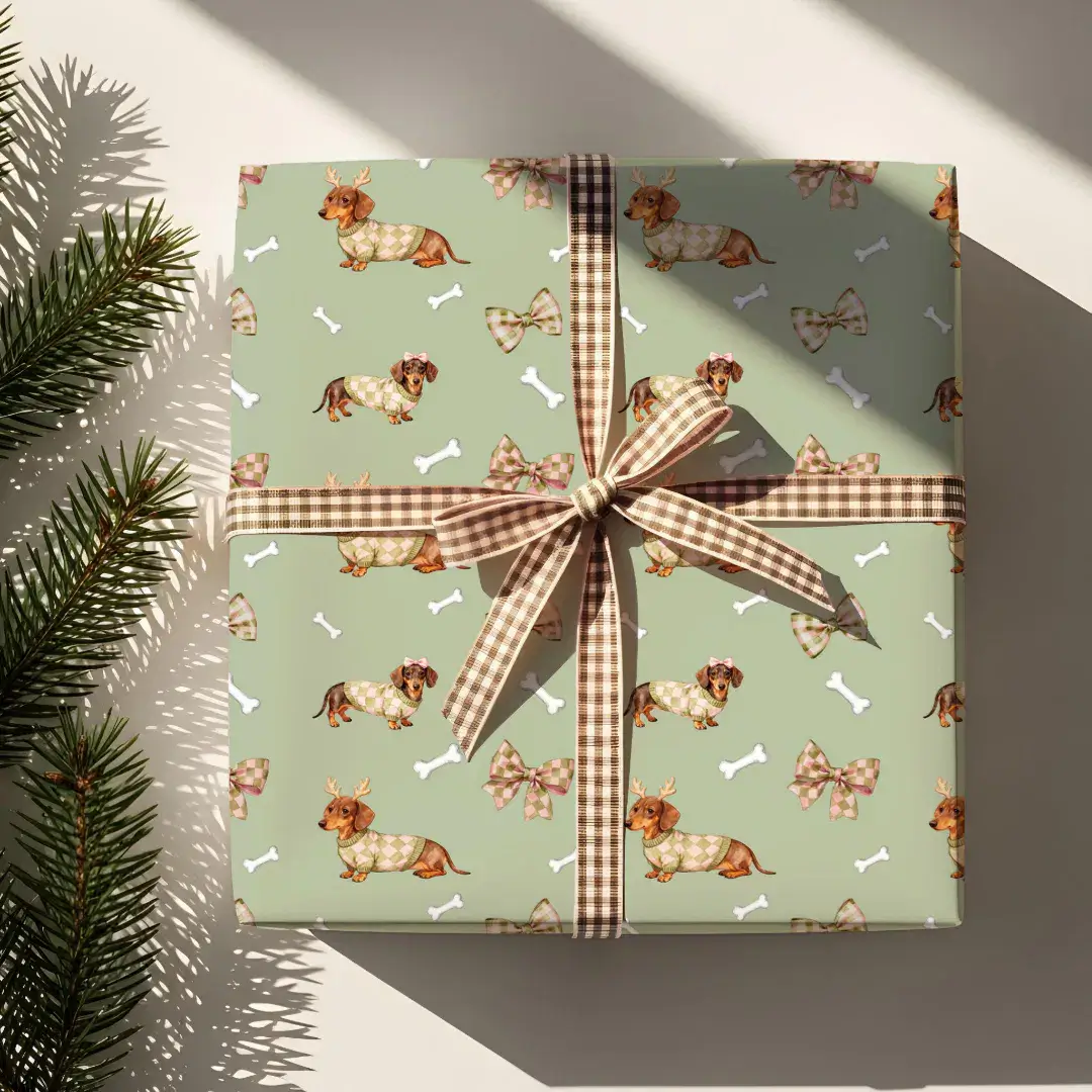 Dachshund Dog Christmas Checkerboard Sweater Bow Wrapping Paper Sheets