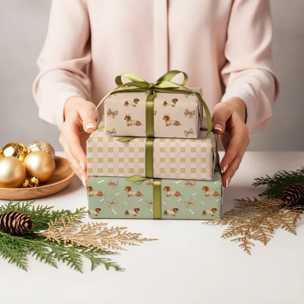Dachshund Dog Christmas Checkerboard Sweater Bow Wrapping Paper Sheets