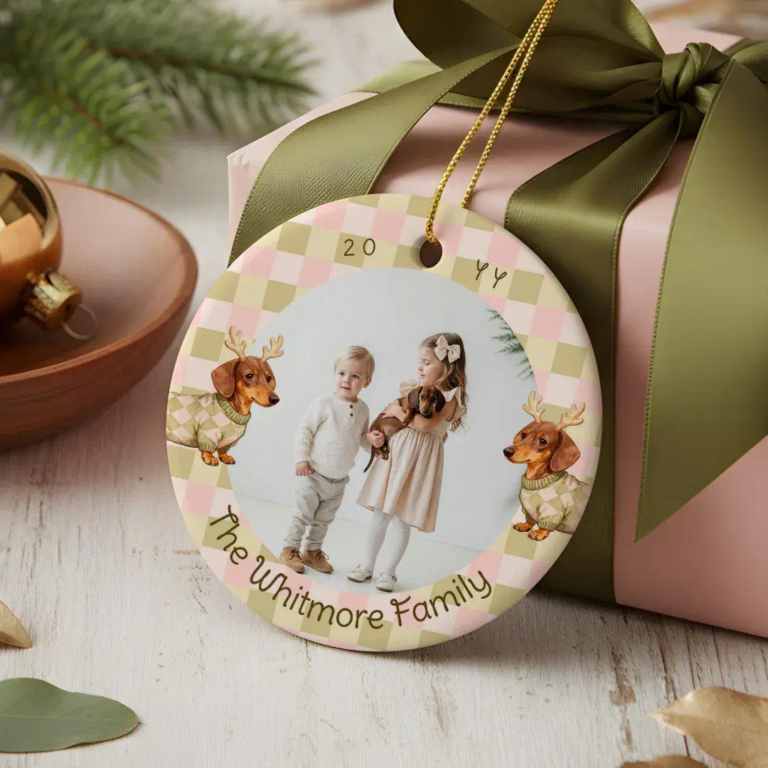 Dachshund Dog Christmas Checkered Sweater Photo Ceramic Ornament