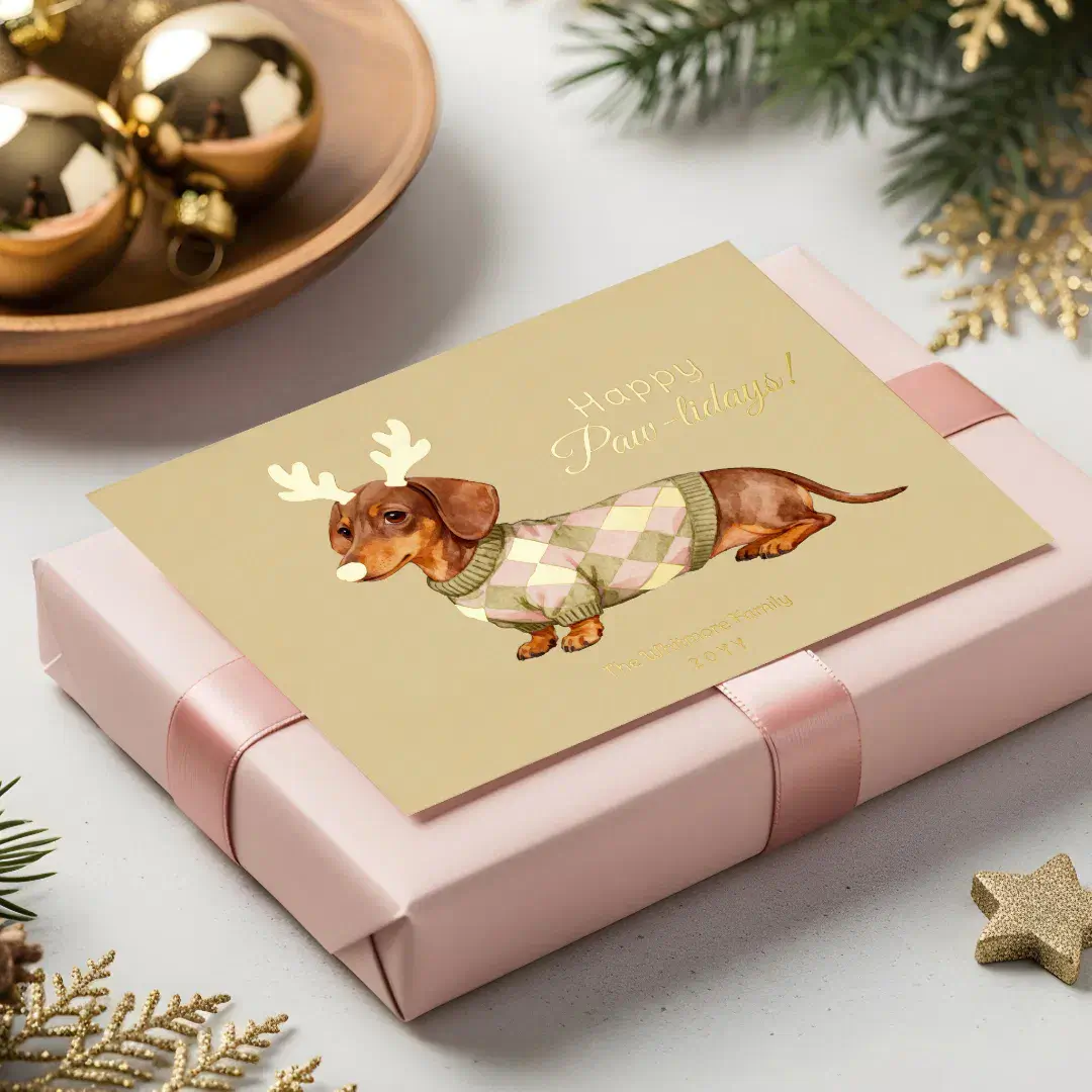 Dachshund Dog Christmas Checkered Sweater Photo Foil Green Holiday Card