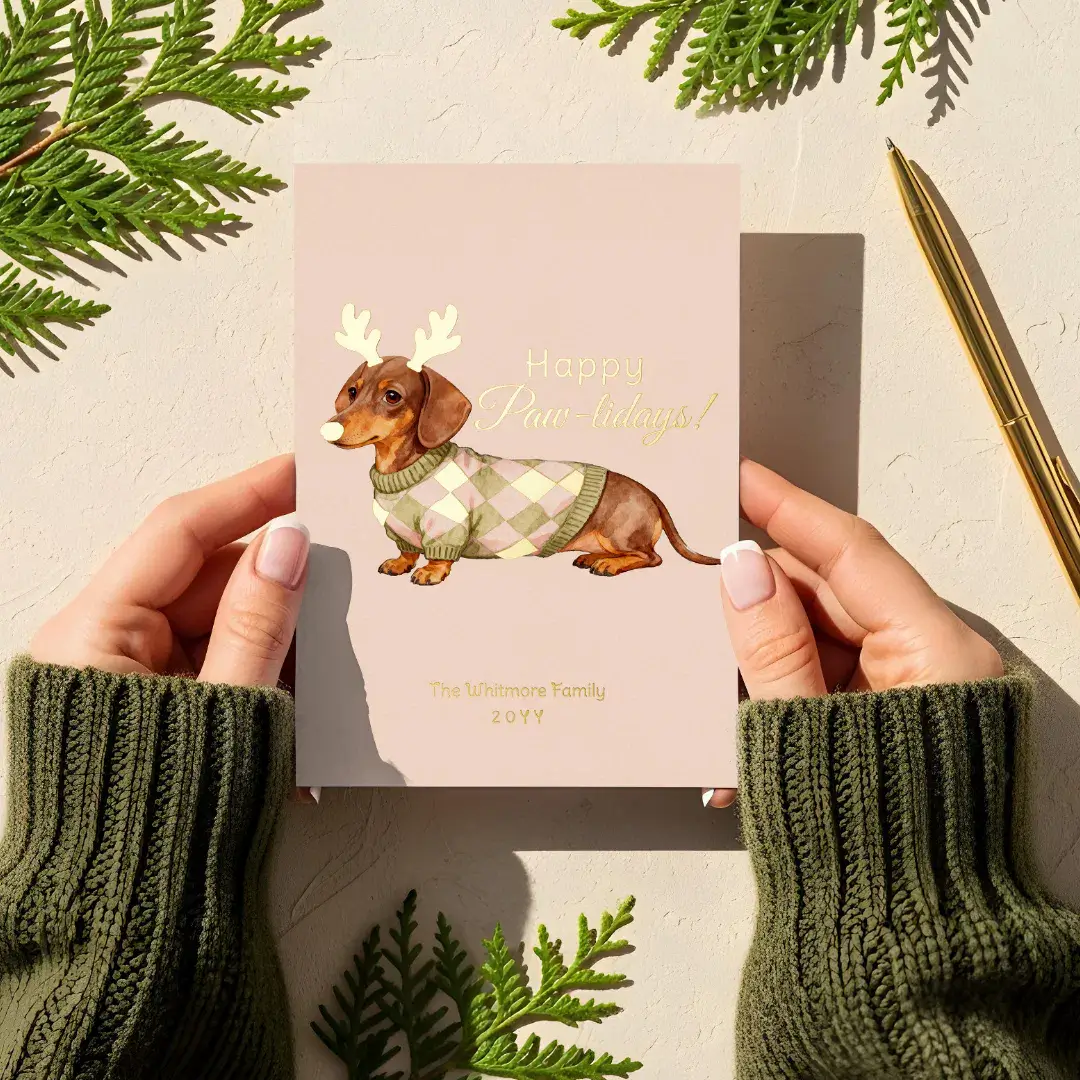 Dachshund Dog Christmas Checkered Sweater Photo Foil Vertical Holiday Card