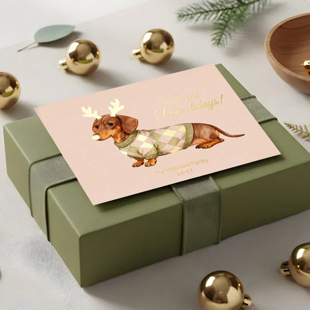 Dachshund Dog Christmas Checkered Sweater Photo Foil Pink Holiday Card