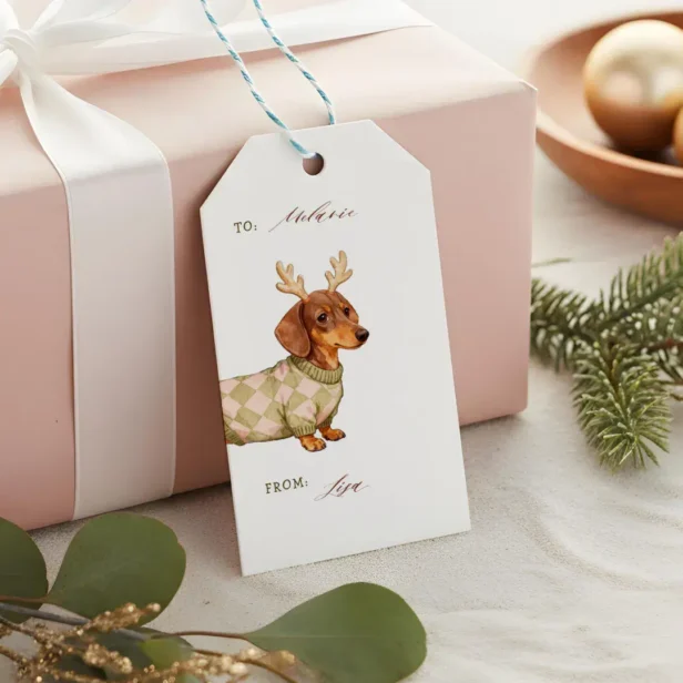 Dachshund Dog Christmas Checkered Sweater Photo Gift Tags