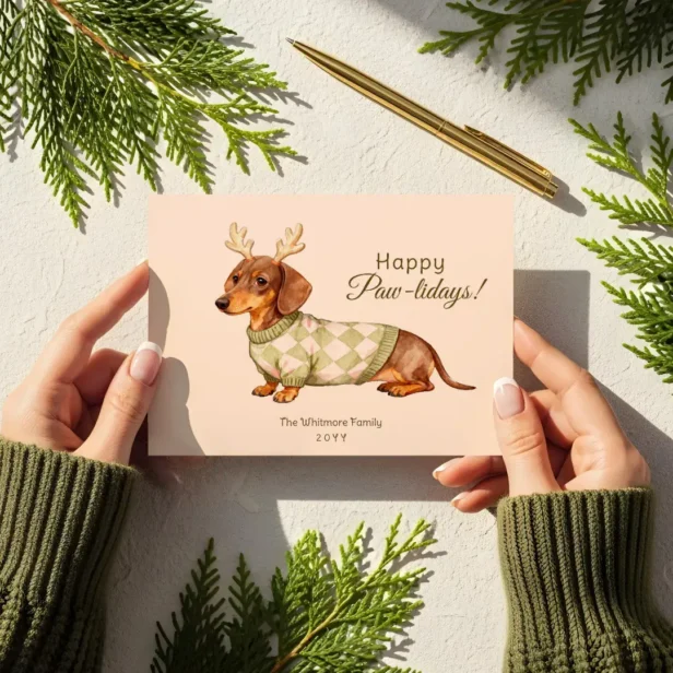 Dachshund Dog Christmas Checkered Sweater Photo Holiday Card