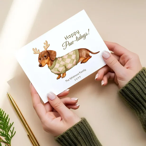 Dachshund Dog Christmas Checkered Sweater Photo White Holiday Card