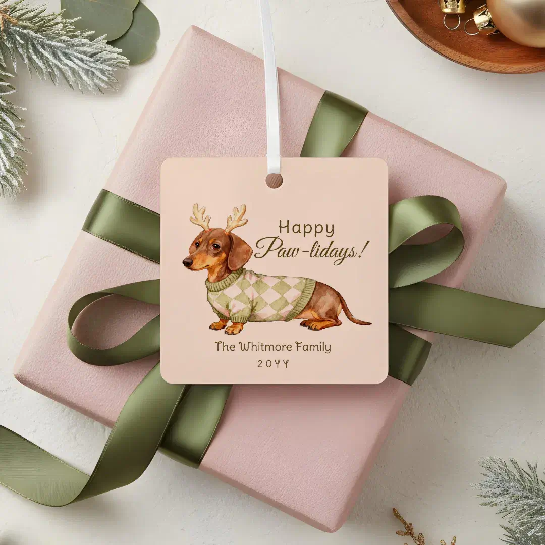 Dachshund Dog Christmas Checkered Sweater Photo Metal Ornament