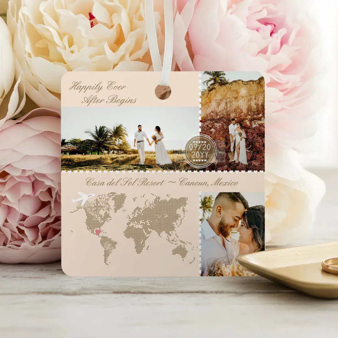 Destination Wedding Map Pin Photo Collage Keepsake Cream Metal Ornament