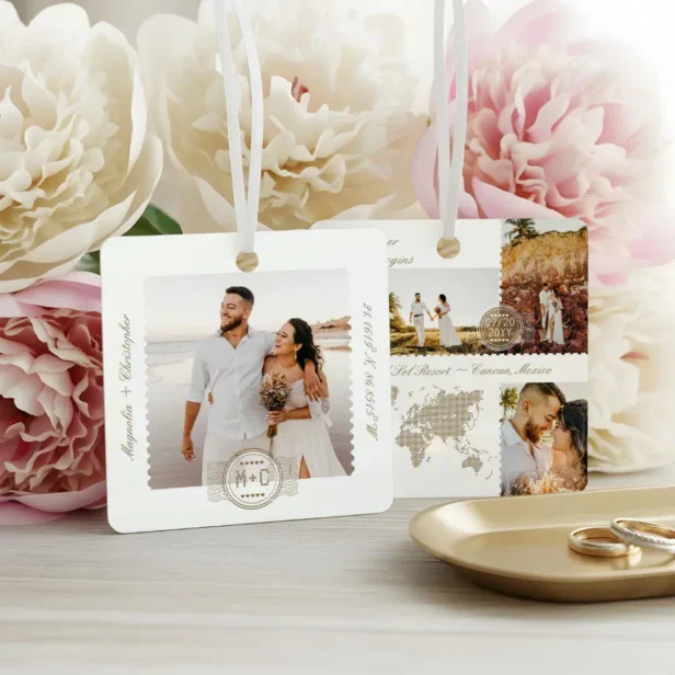 Destination Wedding Map Pin Photo Collage Keepsake White Metal Ornament
