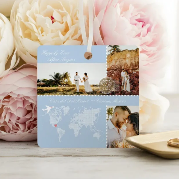 Destination Wedding Map Pin Photo Collage Keepsake Blue Metal Ornament