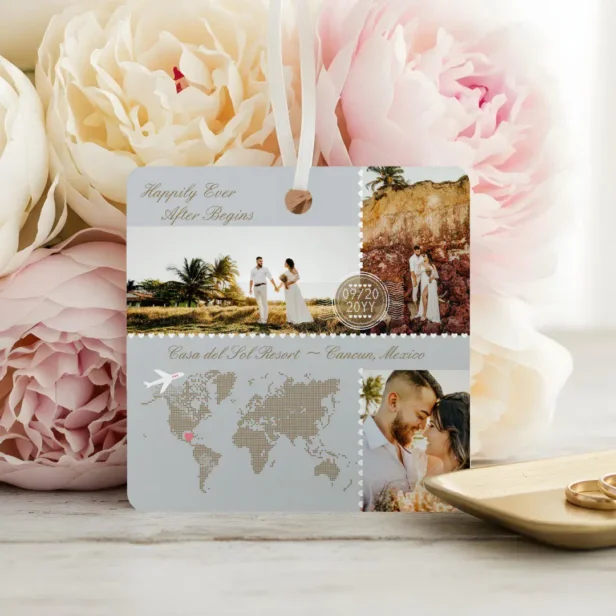 Destination Wedding Map Pin Photo Collage Keepsake Grey Metal Ornament
