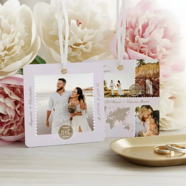Destination Wedding Map Pin Photo Collage Keepsake Violet Metal Ornament