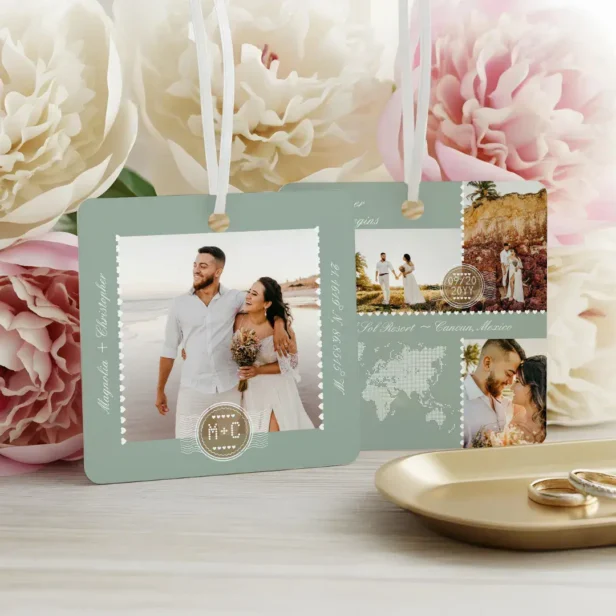 Destination Wedding Map Pin Photo Collage Keepsake Green Metal Ornament