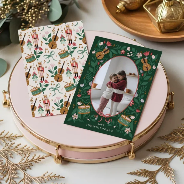 nutcracker,nutcracker christmas,whimsical,festive,floral,musical,nutcracker toy soldier,bow,nutcracker ballet,christmas photo holiday card