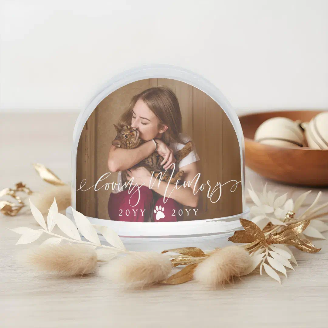 Elegant Loving Memory Cat Pet Name Photo Memorial Snow Globe