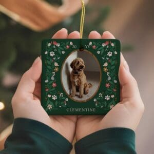 Elegant Paw Print & Floral Pet Photos Christmas Ceramic Ornament