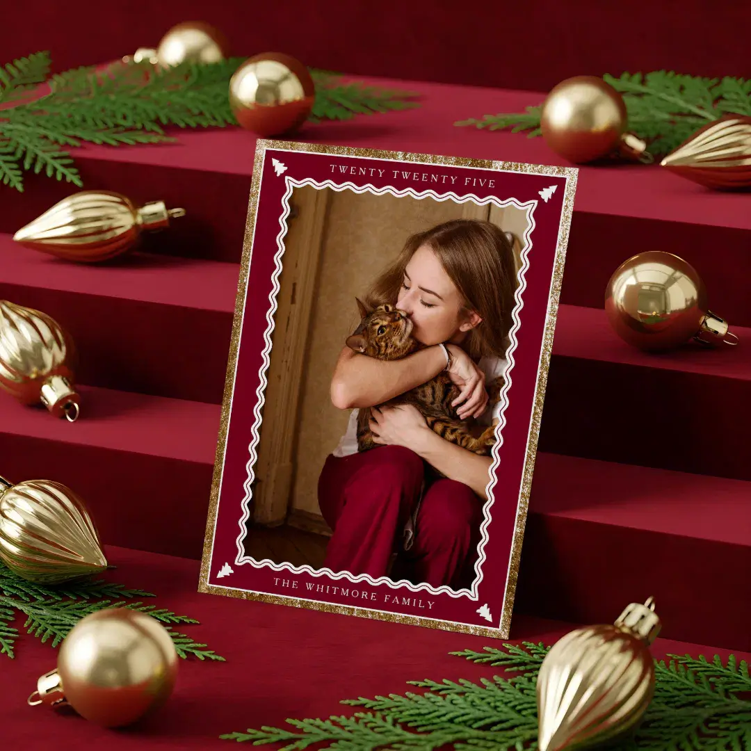 Elegant Photo Faux Gold & Burgundy Wavy Frame Holiday Card