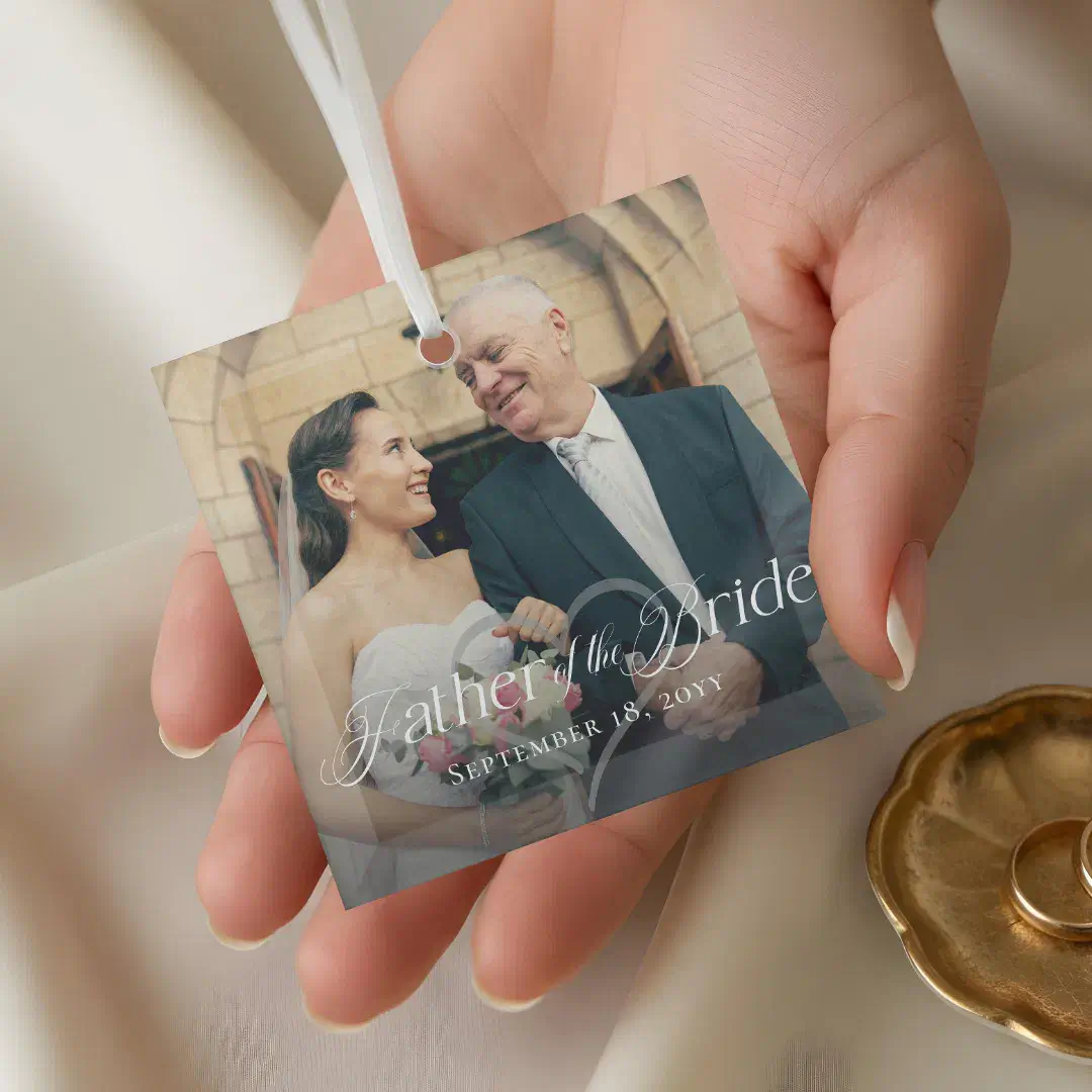 Elegant Script Father of the Bride Photo Keepsake Glass Ornament