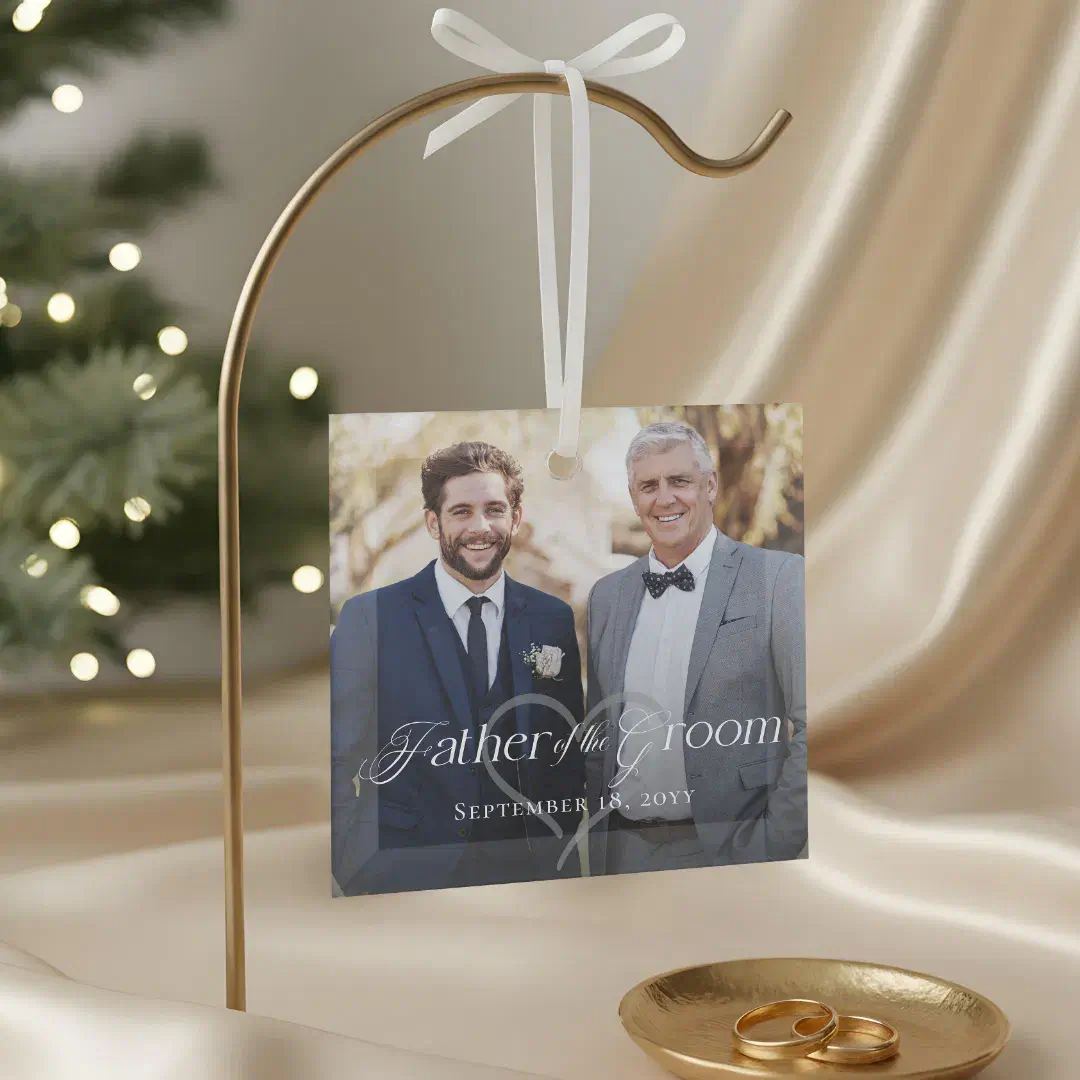Elegant Script Father of the Groom Photo Keepsake Glass Ornament