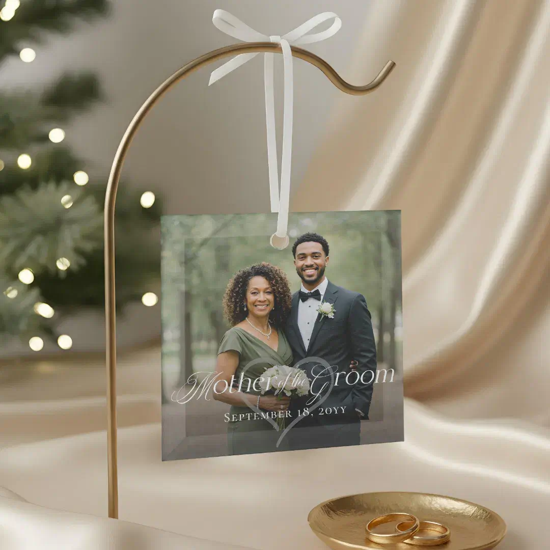Elegant Script Mother of the Groom Photo Keepsake Glass Ornament
