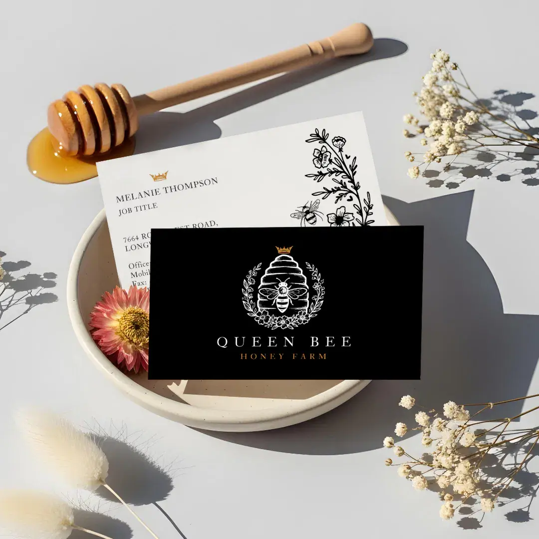 Elegant Vintage Honey Queen Beehive Floral Wreath Black Business Card