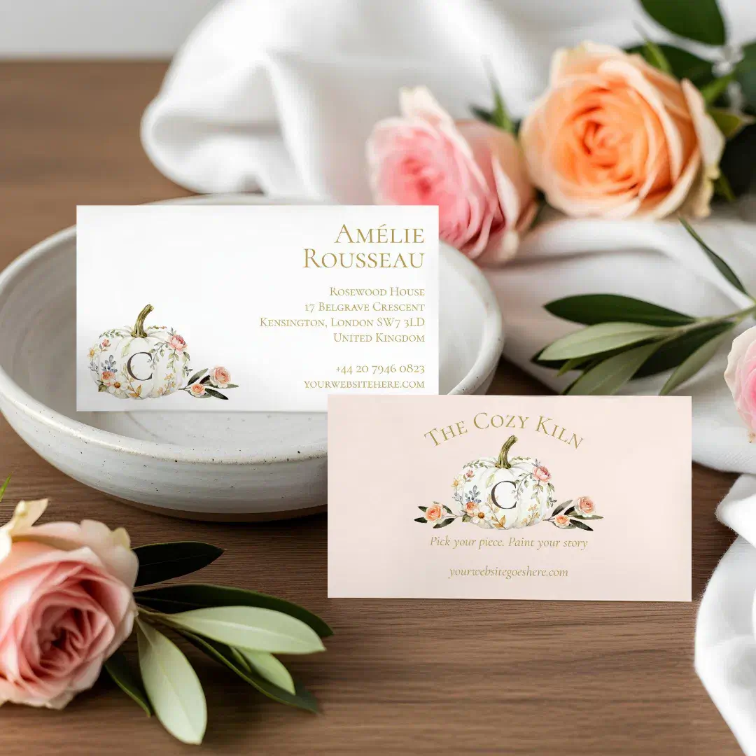 Elegant Watercolor Fall Rose Floral White Pumpkin Business Card