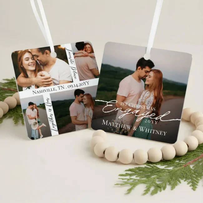 Engaged Couple 1st Christmas Elegant Photo Collage Metal Ornament